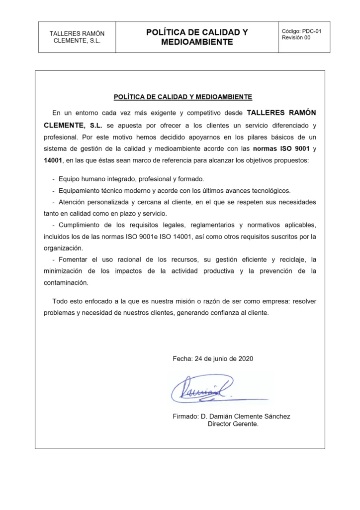 Cartel de política de calidad de Talleres Ramón Clemente, mostrando los principios y compromisos de la empresa